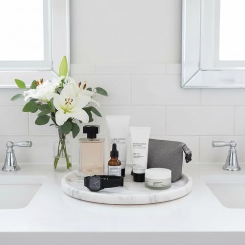 Marmor Natural Calacatta Marble Tray, Luxury Vanity Tray for Bathroom Counter, Perfume Organizer, Jewelry Tray, Candle Holder Decor, Kitchen Countertop Organizer, Elegant Home Decorative Tray Gift - color: Statuario White Borderless Round Plate