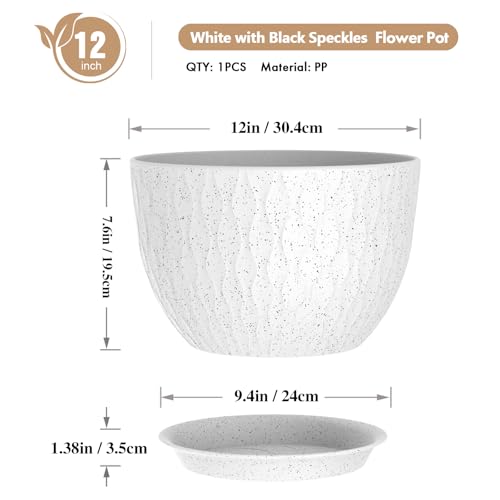 WSMKSZ 12 Inch Wide Water Ripples Flower Pots for Indoor or Outdoor Plants, Large Plant Pots with Drainage Holes & Saucer, Plastic Planters Set for Garden & Home Decor (White with Black Speckles) - color: White With Black Speckles