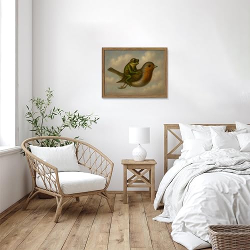 Vintage Frog Riding Bird Framed Wall Art, Whimsical Aviator Frog Oil Painting Print with Wood Frame, Antique Cottagecore Animal Picture Wall Decor for Living Room Bedroom Nursery 16x24 inch - color: Frog Riding a Bird, size: 24"L x 16"W