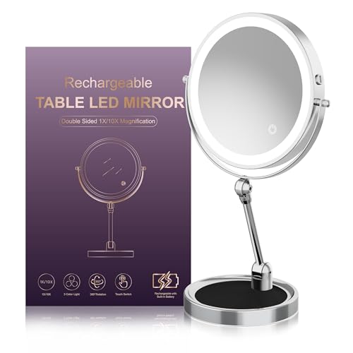 Rocollos Tabletop Makeup Mirror with Built-in Vanity Tray, 9" Rechargeable 4000mAh Lighted Vanity Mirror 1X/10X Magnification, Height-Adjustable Arm, 3 Color Dimmable (9Inch Chrome) - color: 9inch Chrome