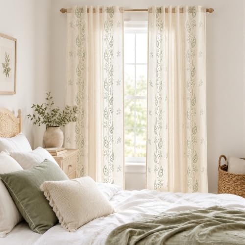 jinchan Linen Curtains 96 Inch Sage Floral Drapes Back Tab 2 Panels Set - color: Sage on Beige, size: 50"W x 96"L (Pack of 2)