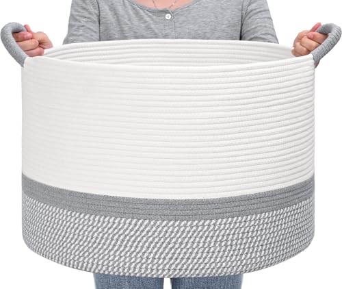 67L Large Blanket Basket, 20"x13" Blanket Basket Living Room, Woven Baskets With Handle, Toy Baskets for Blankets, Nursery, Dog, Pillow, Gift (White & Light Grey) - color: White & Light Grey, size: 67L