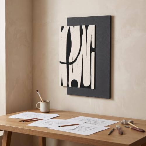 AMAATE 3D Textured Black White Abstract Sandstone Relief Framed Wall Art - color: Black and white abstract lines