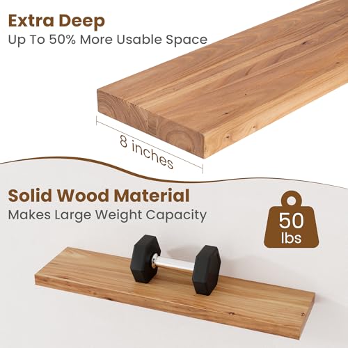 Floating Shelves for Wall, 8" Deep Elm Wood Shelves, 32in Set of 2, Natural - color: Natural, size: Flat Edge, 32inch, 2Packs
