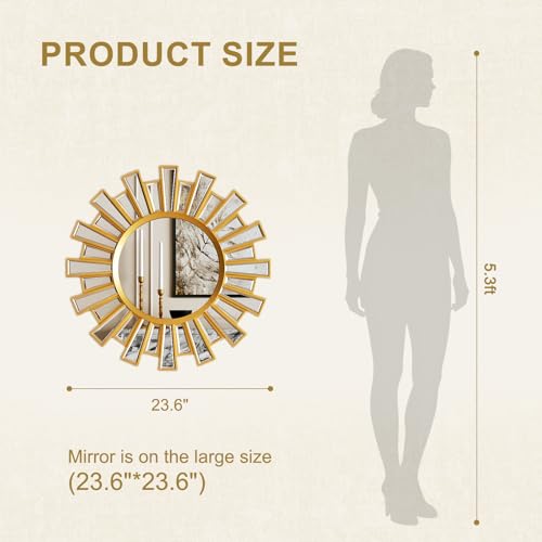 Gold Large Sunburst Wall Mirror - 24 inch Round Beveled Sun Mirror with Layered Metal Frame for Wall Decor Modern Boho Wall Art for Entryway Bedroom Living Room Hallway Bathroom Dining Room Fireplace - color: Gold-23.6"x23.6"