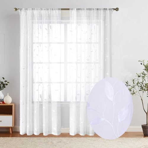 Elegant Sheer Curtains with Embroidered Leaf Design Spring Floral Curtains for Bedroom Light Filtering Rod Pocket Window Treatments Decor 2 Panels (White, 52inch*84inch(132cm*213cm)) - color: White, size: 52"W x 84"L