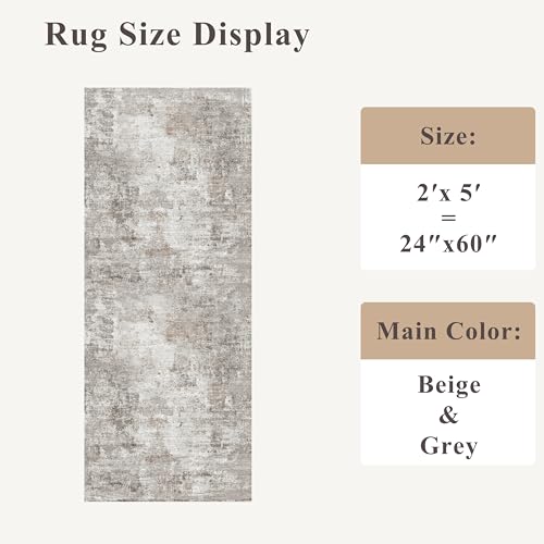 2x5 Rug Runner Non-Slip Washable – Modern Neutral Abstract Small Rug for Hallway, Kitchen, Bathroom, Bedroom, Entryway, Laundry Room – Thin Soft Low-Pile Rubber Backing (Beige/Grey) - color: Beige/Grey/Brown, size: 2' x 5' (Rectangular)