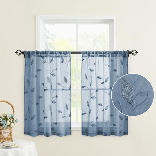 HOMEIDEAS Stone Blue Kitchen Tier Curtains Leaf Embroidered, 30x36, 2 Panel - color: Stone Blue, size: 30"W x 36"L (Pack of 2)