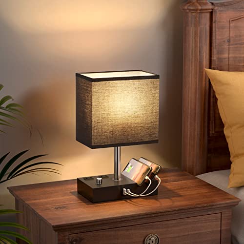 Black Table Lamp for Bedroom - Stepless Dimmable, USB C+A, 2 AC Outlets - color: Black with Knob Switch, size: 1 Pack