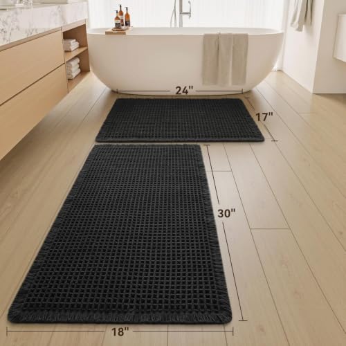 Upgraded Waffle Bath Mat Set of 2 Absorbent Bathroom Mat 17"x24" + 18"x30" - color: Black, size: 17" x 24" + 18" x 30"