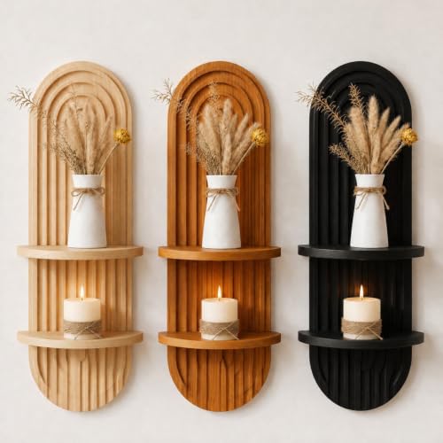 Pinkunn 3 Pcs Boho Floating Shelves for Wall, Wood Plant Shelf Set