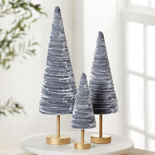 Silver Velvet Pedestals Set of 3, Elegant Mantle Decor, Platinum Home Accent, Handcrafted Farmhouse, Valentine Tabletop Tree, Elegant Entryway (Silver) - color: Silver