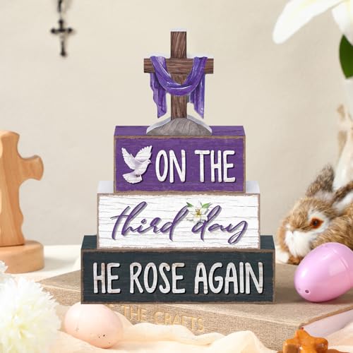 Yousoontic 4 Pcs He Is Risen Easter Tiered Tray Decorations Lent Resurrection Christian Wood Blocks with Cross, Dove, Lily Religious Farmhouse Table Decor for Spring, Holy Week, Easter Display - style: He is Risen