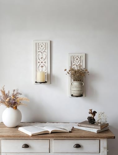 Whitewashed Wood Wall Candle Sconces Set of 2, Floral Design - color: Distressed White