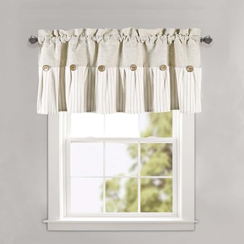 DOSLY Ides Farmhouse Rustic Beige Cotton Blend Striped Pleated Valance Curtain with Coconut Buttons for Kitchen, Living Room, Bedroom, 52" W x 18" L - color: Linen & Beige Stripe, size: 52"W x 18"L (Pack of 1)
