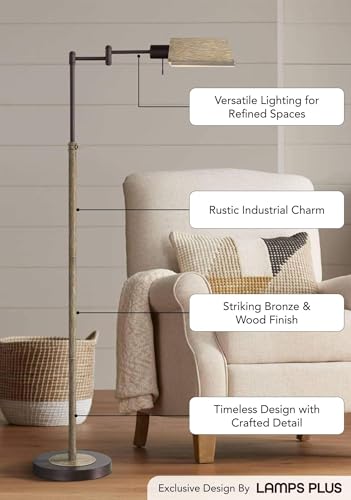Jenson Bronze and Faux Wood Adjustable Swing Arm 54" Tall Floor Lamp - color: Bronze and Faux Wood