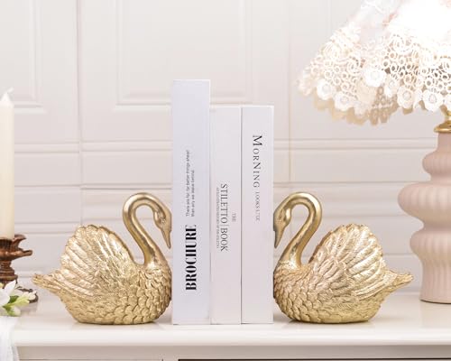 Swan Decorative Bookends,Resin Book Ends for Shelves,Unique Gold Book Holders,Heavy Duty Swan Decor for Home Office Desk Bookshelf,Set of 2,Gifts for Anniversary - color: Gold