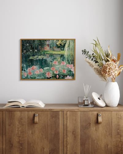WHASAYART Vintage Framed Monet-Inspired Lotus Pond Floral Wall Art 12x16in - color: Green Garden, size: 16"L x 12"W