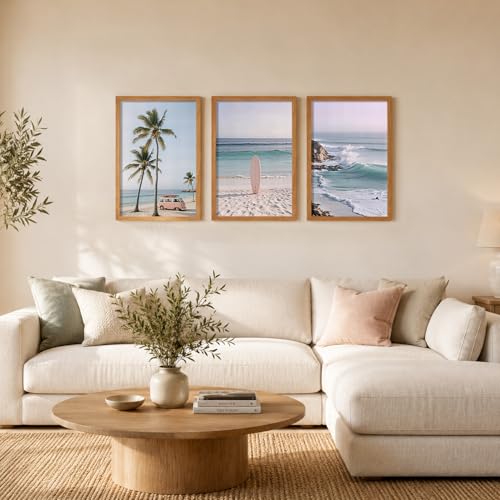 HCJWCXD 3 Pcs Boho Coastal Beach Canvas Wall Art 16x24 Inch Framed - color: Framed Pink car, size: 16x24 Inches