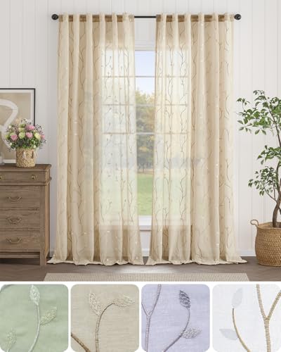 jinchan Beige Leaf Voile Embroidered Curtains 84 Inch Back Tab 2 Panels - color: Vine Back Tab Beige, size: 55"W x 84"L (Pack of 2)