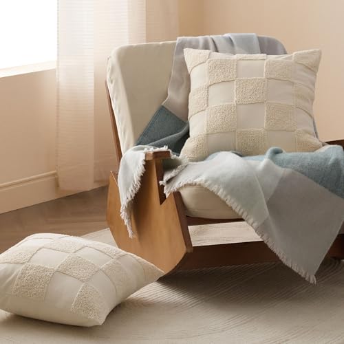 Double Stitch 100% Cotton Tufted Boho Checkered Throw Pillow Covers, Beige - color: Beige, size: 20" x 20" (Pack of 2)