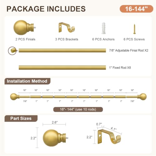 Modern Gold Curtain Rods for Windows 72 to 144 Inches Drapery Rods - color: Gold, size: 16"-144"|1 Pack