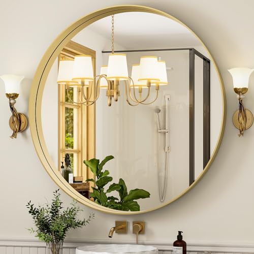 30 Inch Round Bathroom Mirror - Wall Mounted Circle Mirror with Metal Frame, Modern Mirror Suitable for Bathroom, Vanity, Entryway, Living Room, Wall Decor,Gold - color: Gold, size: 30"L x 30"W