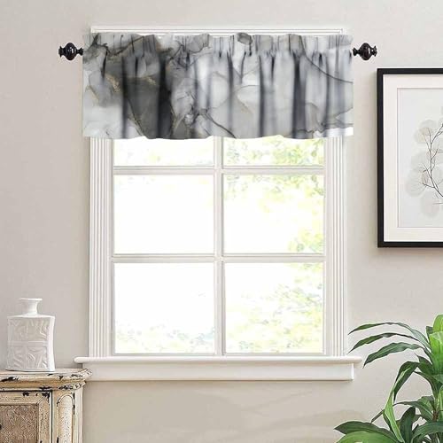 Luxury Marble Valance, Luxury Abstract Fluid Art Painting Black Gray Gold Stone Texture Blackout Short Window Curtain Treatment for Kitchen Cafe Bedroom Living Room, 54x18inch - color: Marble-16