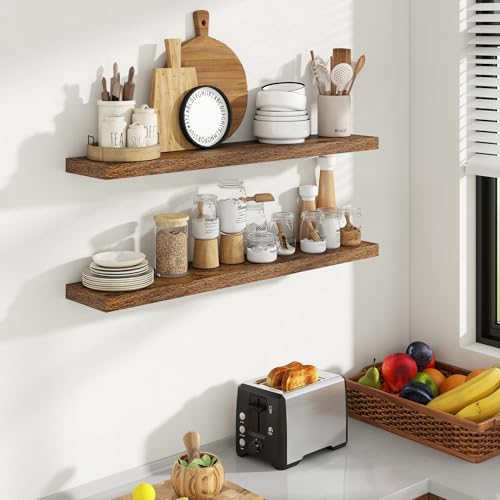 Acovy 40 Inch Floating Shelves, 8 Inch Deep Floating Shelves for Wall, Hanging Shelf with Invisible Brackets, Deep Shelves for Bathroom, Bedroom, Living Room, Brown, Set of 2 - color: Brown, size: 8"Wx40"L-2pcs
