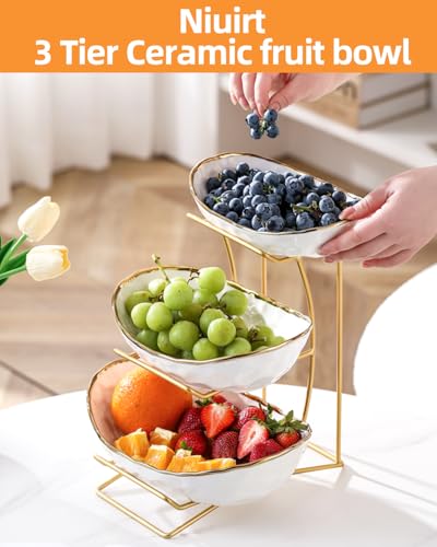 Fruit Bowl for Kitchen Counter, 3-Tier Fruit Basket, Ceramic Fruit Bowl with Metal Stand for Fruit, Vegetable Storage, Snack, Nuts, Dessert, Cake, Stylish & Cute