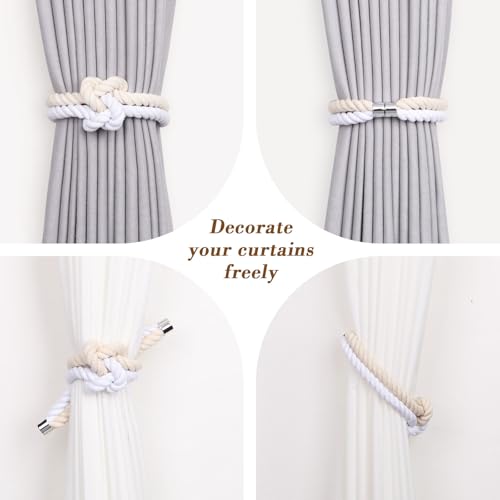 NICEEC Cotton Rope Magnetic Curtain Tiebacks, 2 Pack, Beige & White - color: Beige & White, size: 2 Pack