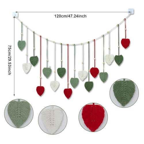 EOBTAIN Macrame Leaf Wall Hanging Large,Boho Red and Green Leaves Woven Tapestry Christmas Home Decor,Handcrafted Tassels Textile Feather Wall Art Decor for Nursery Living Room Bedroom Chic Decoration - color: Red
