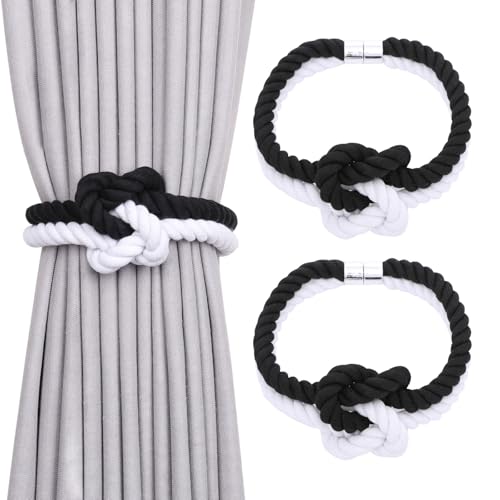 NICEEC Cotton Rope Magnetic Curtain Tiebacks, 2 Pack, Black & White - color: Black & White, size: 2 Pack