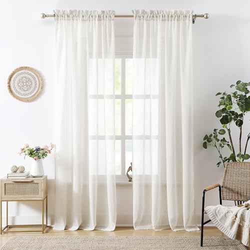 Natural White Flax Linen Sheer Curtains for Living Room Bedroom 52"x63" 2pk - color: Off White ( Flax Linen Blend- Oatmeal Shade ), size: 52"W x 63"L (Pack of 2)