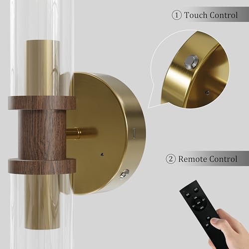 Rayogale Gold & Walnut Wireless Battery Operated Wall Sconces with Remote - color: Gold & Walnut(Clear Tubular Lampshade)