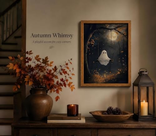 Framed Spooky Ghost Halloween Wall Art,Gothic Moonlight Forest Painting Picture Wall Decor,Ghost on Swing in Autumn Forest Poster Print Artwork,for Bathroom Halloween and Gothic Room Home Decoration - color: Swing Ghost, size: 10"L x 8"W