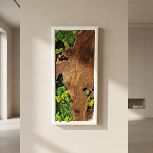 White Framed Moss Wall Art, Vertical Cedar Wood & Preserved Greenery Modern Natural Wall Decor for Living Room, Office & Home, Zero Maintenance Handcrafted Gift 60" x 24" - size: 60"L x 24"W