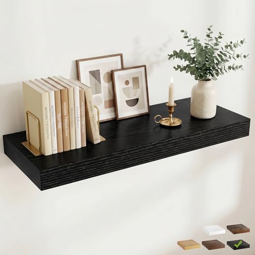 36 Inch Long Floating Shelves for Wall Set of 1, 12"D Wood Grain Shelves - color: Black, size: 36"Wx12"Dx2"H, 1P