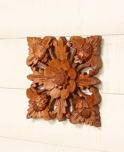 G6 Collection 8" Wooden Hand Carved Wall Art Relief Panel Handcrafted Wall Plaque Gift Decorative Home Decor Accent Handmade Wood Decoration Artwork Floral (Lotus Blossom)