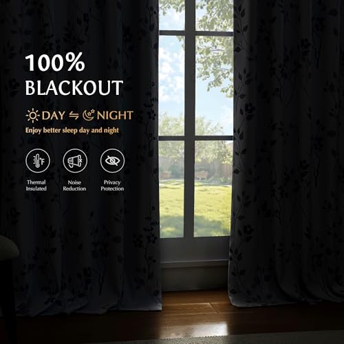 Beauoop Floral 100% Blackout Curtains for Bedroom Blue Grey 52X108 2 Panels - color: Grommet | Blue Grey, size: 52"W x 108"L (Pack of 2)