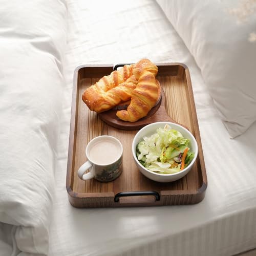 Acacia Wood Serving Tray with Metal Handle, 17x13in Tray for Ottoman - color: Dark Acacia / Black Handle, size: 17” × 13” × 2”