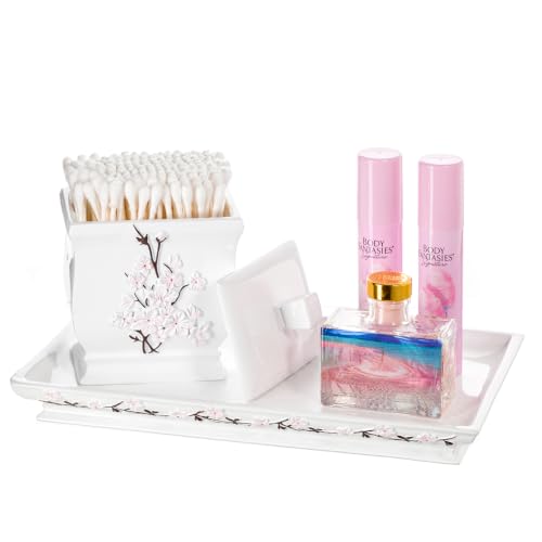 Creative Scents Vanda Qtip Holder - Cherry Blossom White Cotton Swab Balls Holder with Lid Decorative Resin Q-tip Holder Bathroom Canisters Vanity Countertop Storage - style: Cotton Ball Holder