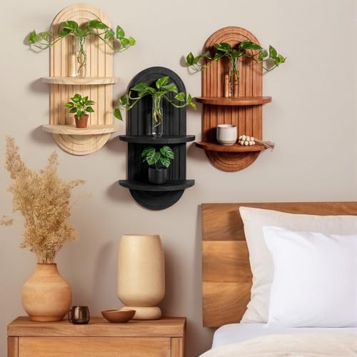 Pinkunn 3 Pcs Boho Floating Shelves for Wall, Wood Plant Shelf Set