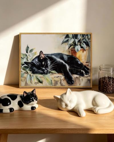 HUARCEY 12x16 Vintage Framed Black Cat Canvas Wall Art, Sleeping Cat Paint - color: Black Cat, size: 16"L x 12"W