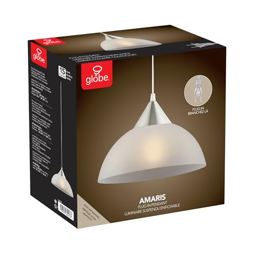 Globe Electric 64413 1-Light Plug-in Pendant, Brushed Steel, Frosted White Shade, 15ft Clear Cord, in-Line On/Off Switch, E26 Base Socket, Kitchen Island, Café, Hanging Light, Bulb Not Included - color: Brushed Steel