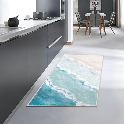 Beach Pattern 2x4ft Runner Rug Non Slip Washable Kitchen Runner Rug with Rubber Backing,Low-Pile Soft Washable Runner Rugs for Hallway Entryway Kitchen Bedroom Living Room Bathroom - color: Light Blue Beach, size: 2' x 4' (Rug)