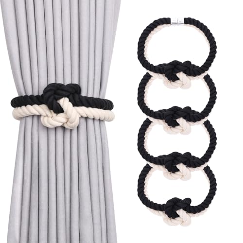 NICEEC Cotton Rope Magnetic Curtain Tiebacks, 4 Pack, Black & Beige - color: Black & Beige, size: 4 Pack