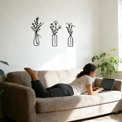 Embewhis Wall Decor Metal Flowers 3pcs, Rustic Farmhouse Flower Sculptures, 13.7" Wall Art Decor, Drill-Free Install Option for Living Room, Kitchen, Bedroom & Bathroom (M) - size: M