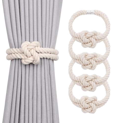NICEEC Natural Cotton Rope Magnetic Curtain Tiebacks, 4 Pack, Beige - color: Beige, size: 4 Pack