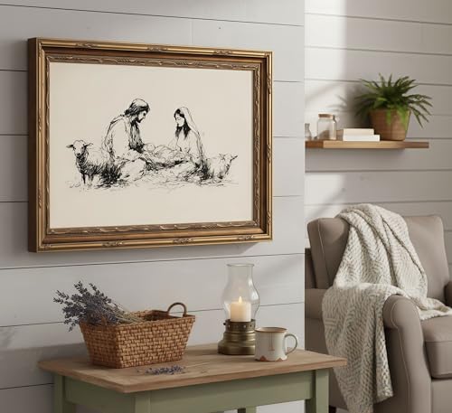 Vintage Gold Framed-Nativity Scene Canvas Wall Art,Rustic Sketch Style Christmas Christian Painting,Minimalist Jesus Birth Picture Wall Decor for Living Room Church Religious 16x24in - color: Nativity, size: 24"L x 16"W